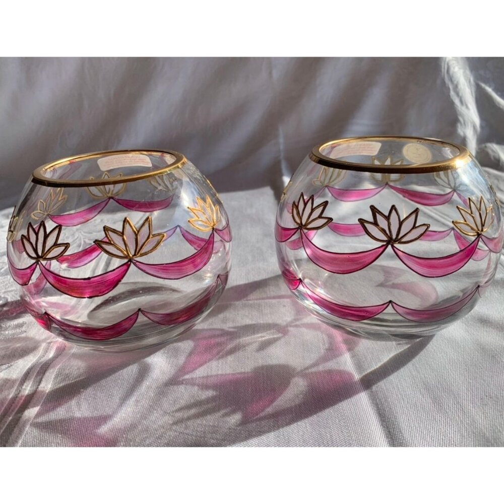 Handcrafted Romanian Crystal Bowl With Gold & Pink Lotus Design Elegant Vase Or